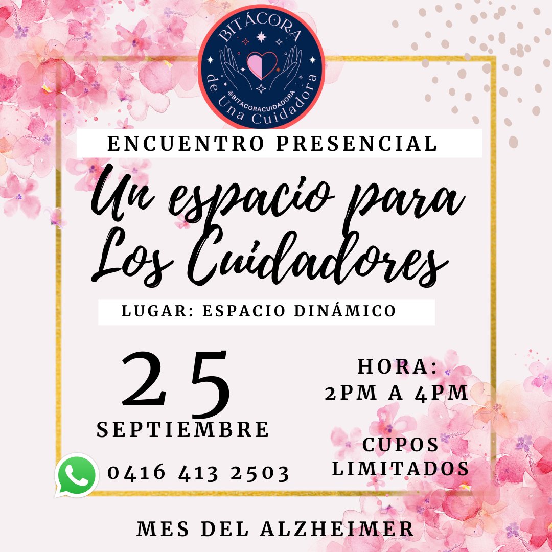 Bitacoracuidado's tweet photo. 1er encuentro presencial en Caracas para Cuidadores de familiares con Alzheimer. Un espacio para hablar de salud mental y obtener herramientas de autocuidado  Domingo 25 de septiembre de 2:00pm a 4:00pm. Inscripciones aquí ⤵️https://t.co/NFyK9dJH79 #AlzheimersDay https://t.co/zgcg0f5tyW
