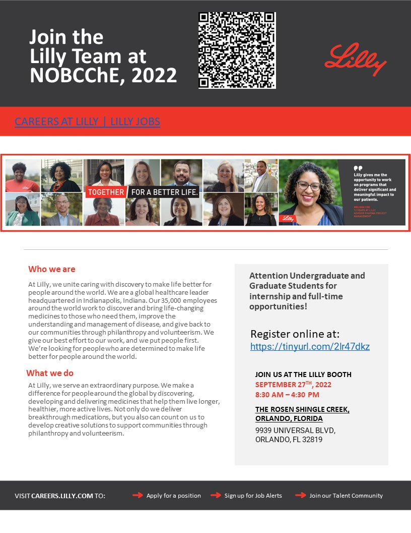 Come meet the Lilly Team at NOBCChE next week (Booth #213). We are recruiting chemists and chemical engineers for internship and full-time opportunities.

We look forward to meeting with you in-person. Register ahead to get your information to us: tinyurl.com/2lr47dkz