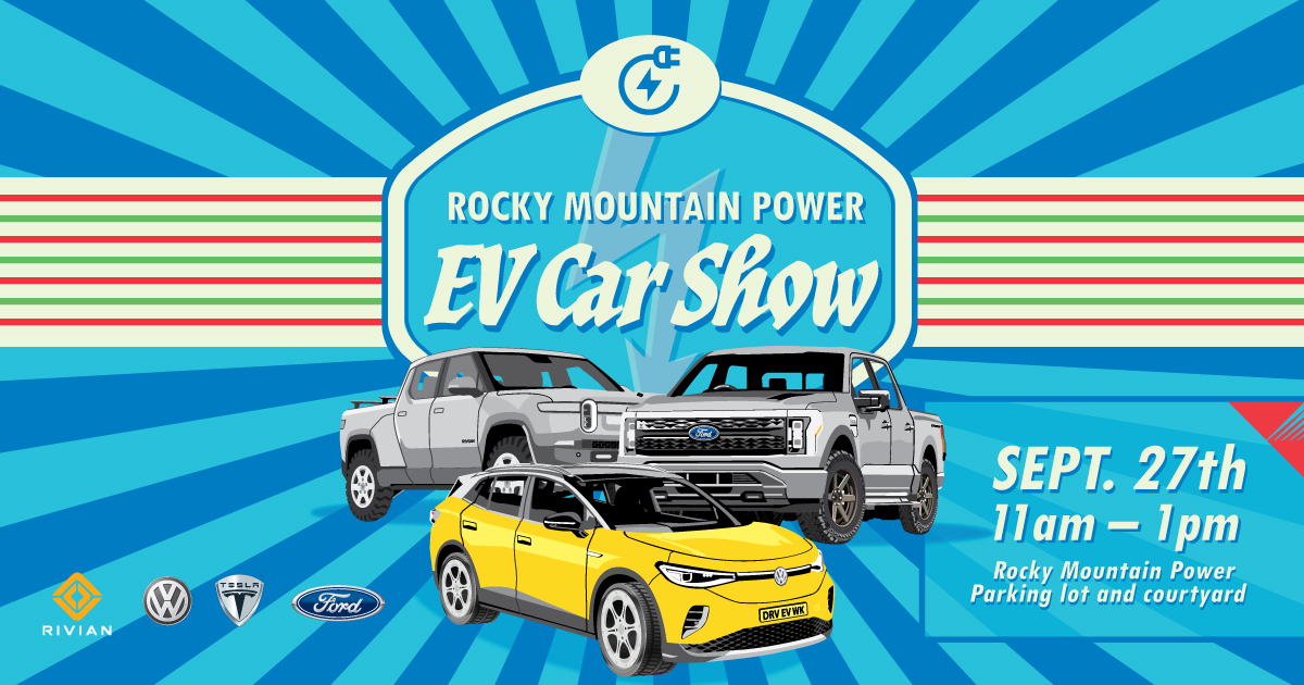 RMP_Utah's tweet photo. Check out the latest in electric vehicle technology and learn more about the #EV experience from current EV drivers at the Rocky Mountain Power EV Car Show on Tuesday, Sept 27 at the NTO parking lot and courtyard. Join us for free food, food trucks, fun and prizes! https://t.co/6uthQuJdRT