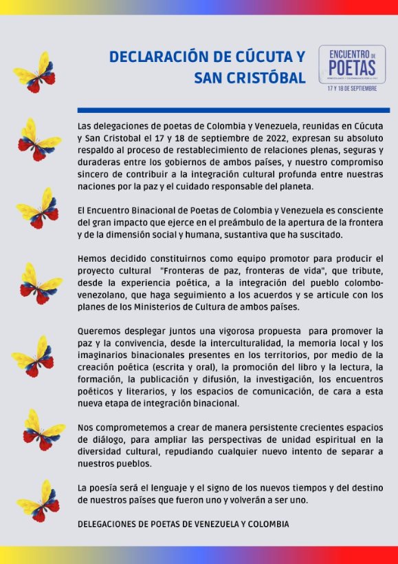 Declaración conjunta del Encuentro Binacional de Poetas de Colombia y Venezuela, #FronteradePaz.
🇨🇴🇻🇪#LaPazNosUne