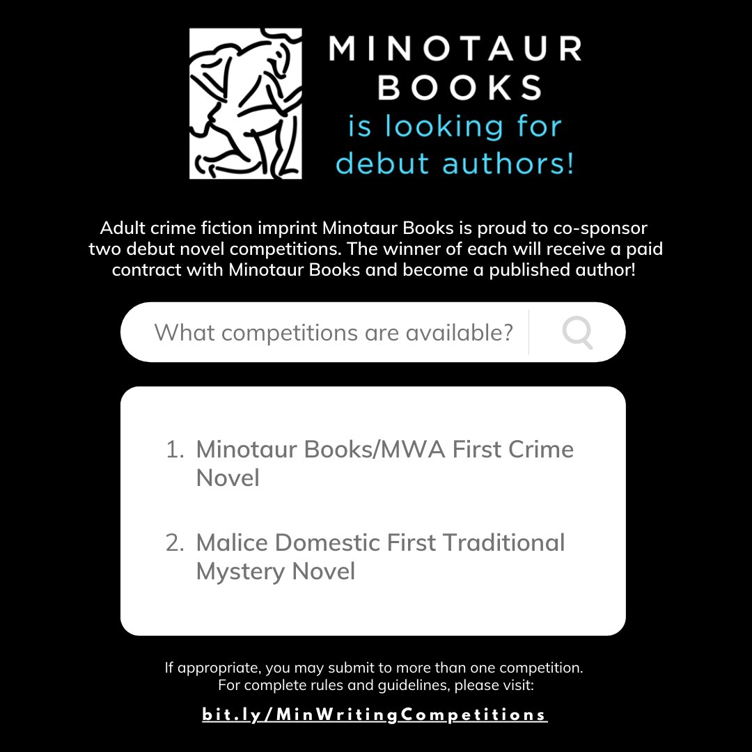 Ever dreamed of becoming an author? Now is your chance! Minotaur Books is proud to co-sponsor two debut novel competitions. The winner of each will receive a paid contract with Minotaur Books and become a published author! Learn more here: bit.ly/MinWritingComp…