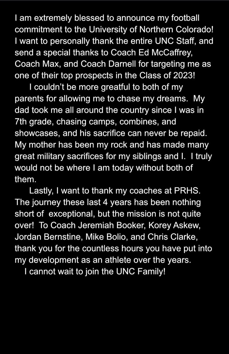 100% committed 🟡🐻🔵 <a href="/UNC_BearsFB/">Northern Colorado Football</a> <a href="/87ed/">Ed McCaffrey</a> <a href="/notoriousmax25/">Max McCaffrey</a> <a href="/coachscottyd/">S. Darnell</a> @PRFBOfficial <a href="/coach_askew/">Coach Askew</a> <a href="/JBook_88/">Jeremiah Booker</a> <a href="/GroundupSP/">Mike B</a> <a href="/JBernstine/">jordan bernstine</a> @FyxSports <a href="/BlakeOlson1/">Blake Olson</a>