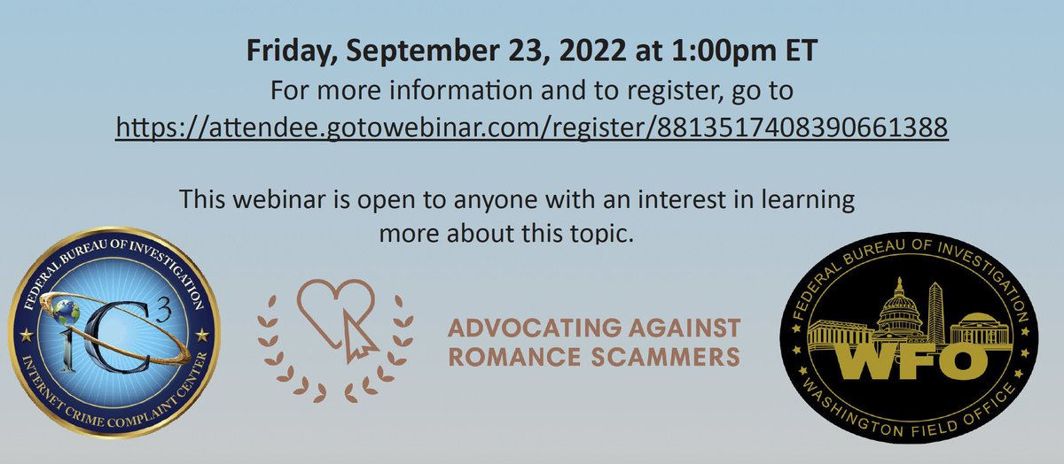 CounteringCrime's tweet photo. Kathy Waters from @AdvocatingforuC will be speaking this friday at the #Infraguard webinar about #romancescams, which devastate victims, both financially and emotionally. To register: https://t.co/hV0MScBWtd https://t.co/ruDCZFfO1y