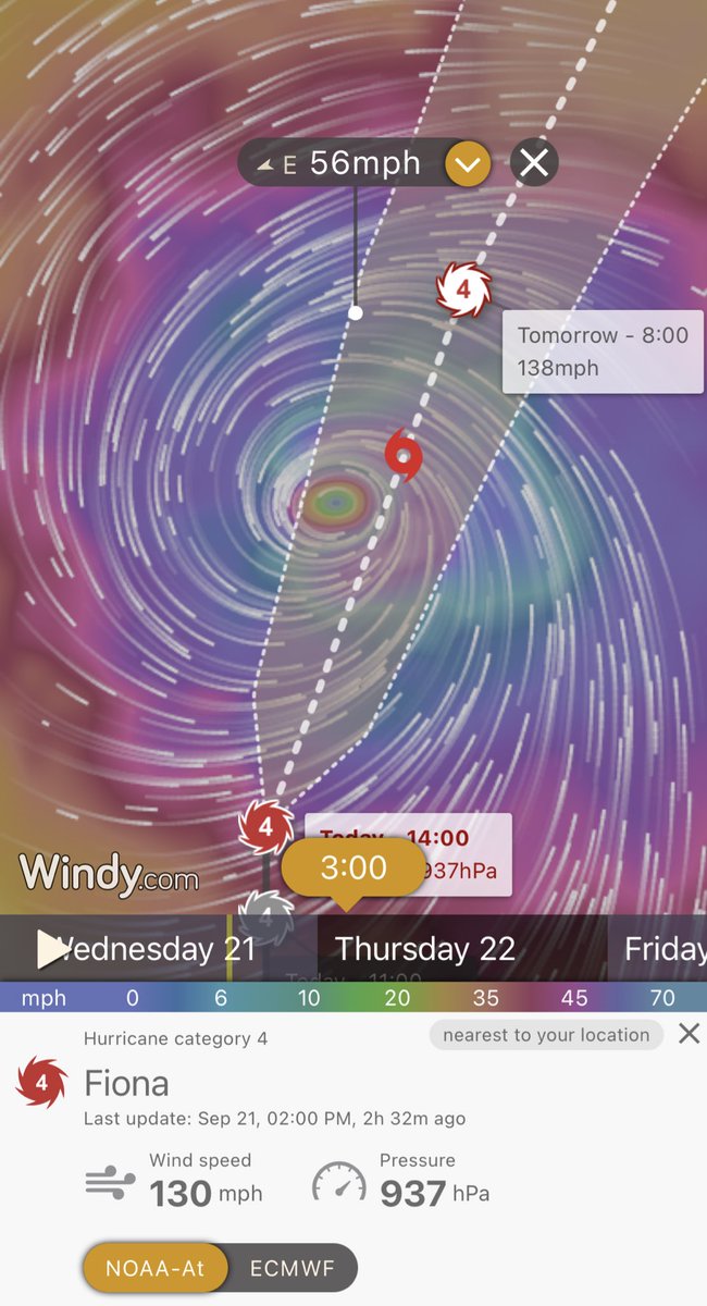 ReedTimmerUSA's tweet photo. Hurricane Fiona is now a category 4 buzz saw with central pressure down to 937 mb, forecast to narrowly missed Bermuda to the west and slam the eastern tip of Nova Scotia possibly as a major hurricane transitioning to extra-tropical cyclone! NHC forecast track on @Windycom app https://t.co/SyQkq40GOd