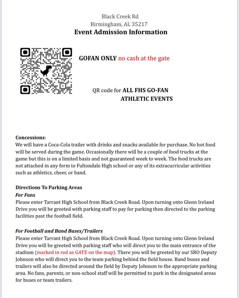 Tomorrow’s game at Fultondale is Gofan only! The game will be played at Tarrant high school. 91 Black Creek Rd, Birmingham.