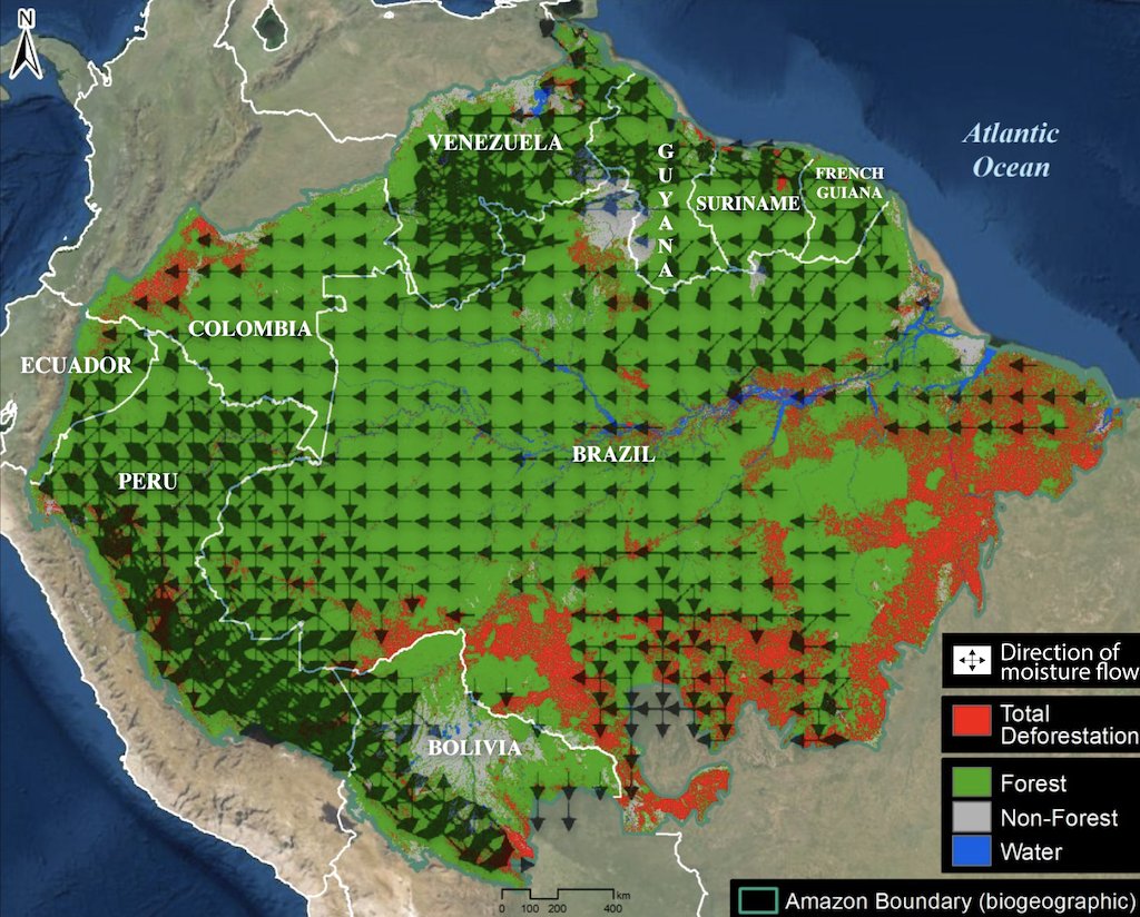 Understanding Amazon tipping point: Important new map created by @mongabay Overlays wind flow (black arrows) on top of existing forest (green) & deforestation (red) Highlights eastern Amazon in terms of moisture flow from Atlantic Ocean in east to west news.mongabay.com/2022/09/how-cl…