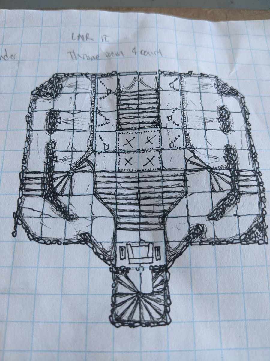 MicroDwarfHB's tweet photo. Hanging banners for thinning heroics? ✅ Hidden flame jets? ✅ Lever-activated pit traps? ✅ Devious escape tunnel behind throne? ✅ That's a throne room and court for a lair, all right.

#dnd #dnd5e #cartography #dungeonmap #mapping #cartography https://t.co/O57FKoZ93d