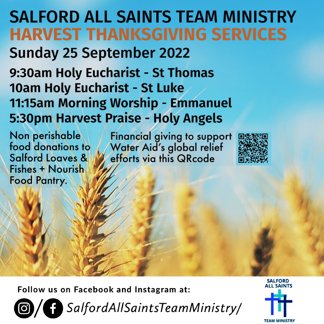 SalfordAllSaint's tweet photo. 24th and 25th Sept 22: Our #partyinthepaddock & HARVEST THANKSGIVING events #salfordallsaintsteam
#salford in support of @SalfordLoaves @WaterAidUK & #nourish food pantry. Join Us. All Welcome. https://t.co/1nVqSOYtBm