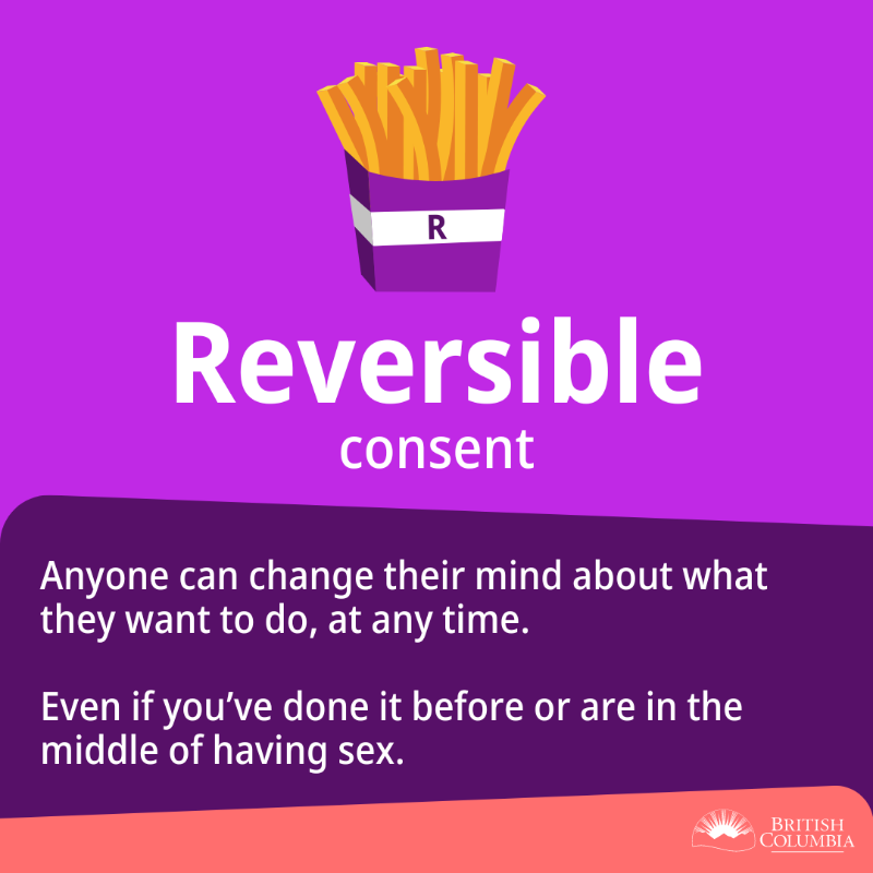 BCGovNews's tweet photo. It's #ConsentAwarenessDay in BC. It's important to remember that when it comes to consent, FRIES are not optional. Consent is freely given, reversible, informed, enthusiastic &amp; specific (FRIES) &amp; should be a part of every relationship, sexual or otherwise. https://t.co/cZN2PQoLKp