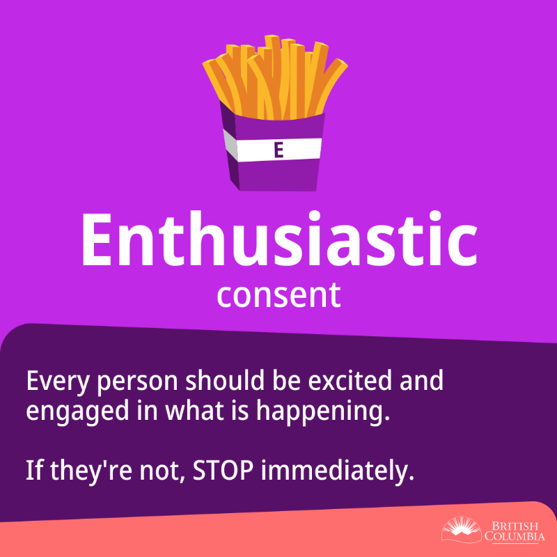 BCGovNews's tweet photo. It's #ConsentAwarenessDay in BC. It's important to remember that when it comes to consent, FRIES are not optional. Consent is freely given, reversible, informed, enthusiastic &amp; specific (FRIES) &amp; should be a part of every relationship, sexual or otherwise. https://t.co/cZN2PQoLKp