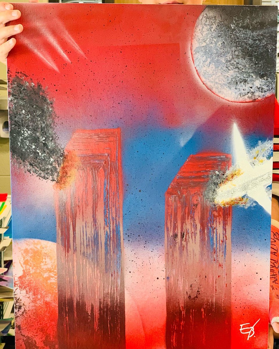 Spray paint. Evan. 7th grade. 9/11 memorial. #choicebasedart #spraypaintart #artist #middleschoolart #teachingforartisticbehavior