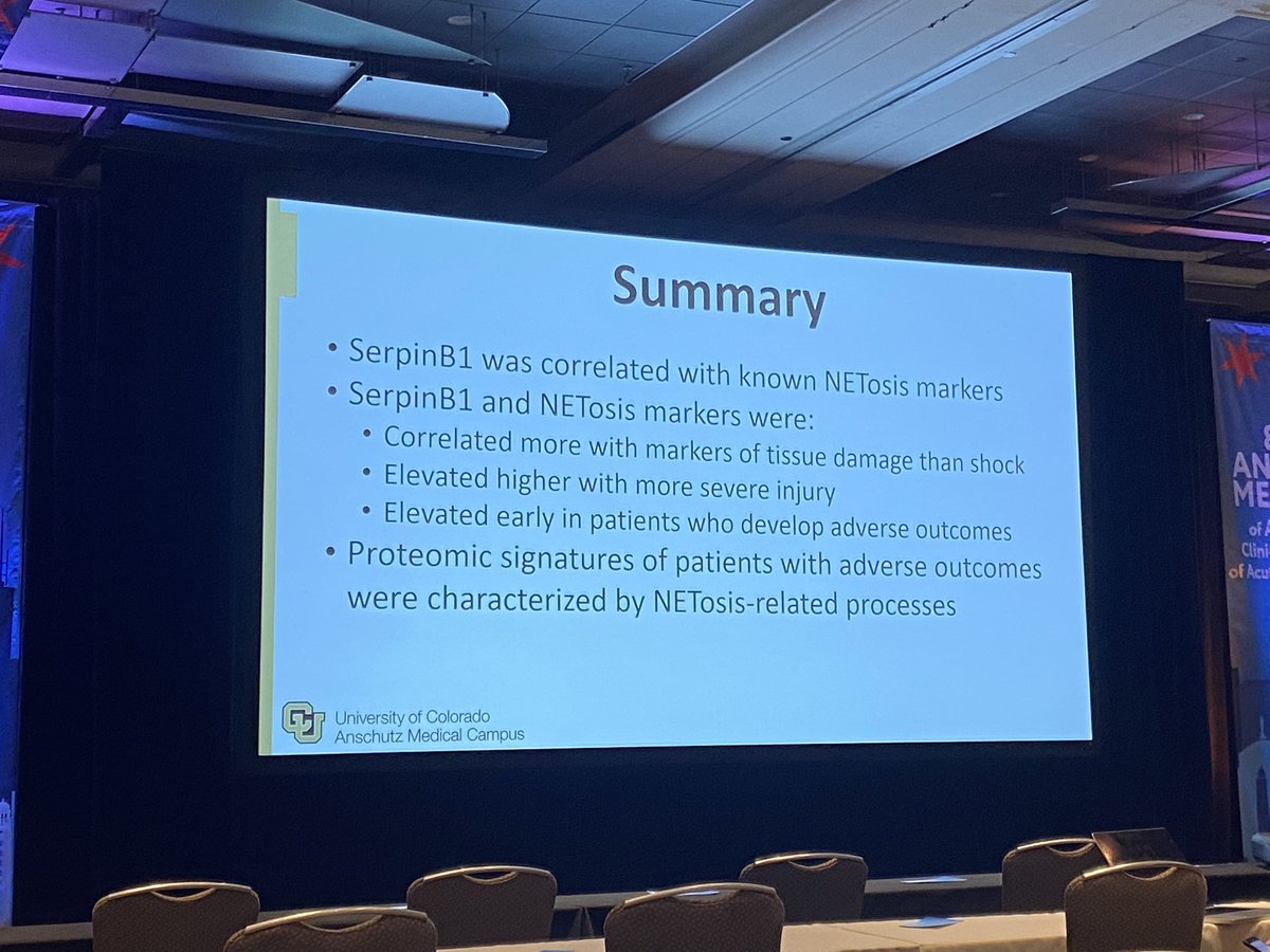 JuliaColemanMD's tweet photo. Fantastic work by @CUDeptSurg Dr. TJ Schaid and @mitchelljayc on the proteomic profile of trauma-induced NETosis and serpinB1 as a critical player and pathologic signal. Love the basic science! 👏👏 #AAST2022 @traumadoctors https://t.co/cuVhr1loeQ
