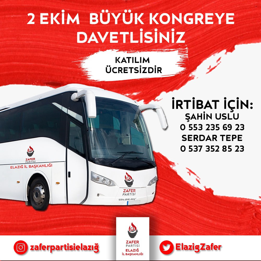 Zafer'e davetlisiniz.

2 EKİM 2022 Pazar günü yapılacak büyük kongremiz için Ankara'ya gidiyoruz.

İlimizden ücretsiz otobüs kaldırıyoruz.
Katılmak için iletişime geçin.
Şahin Uslu: 0 553 235 69 23
Serdar Tepe: 0 537 352 85 23