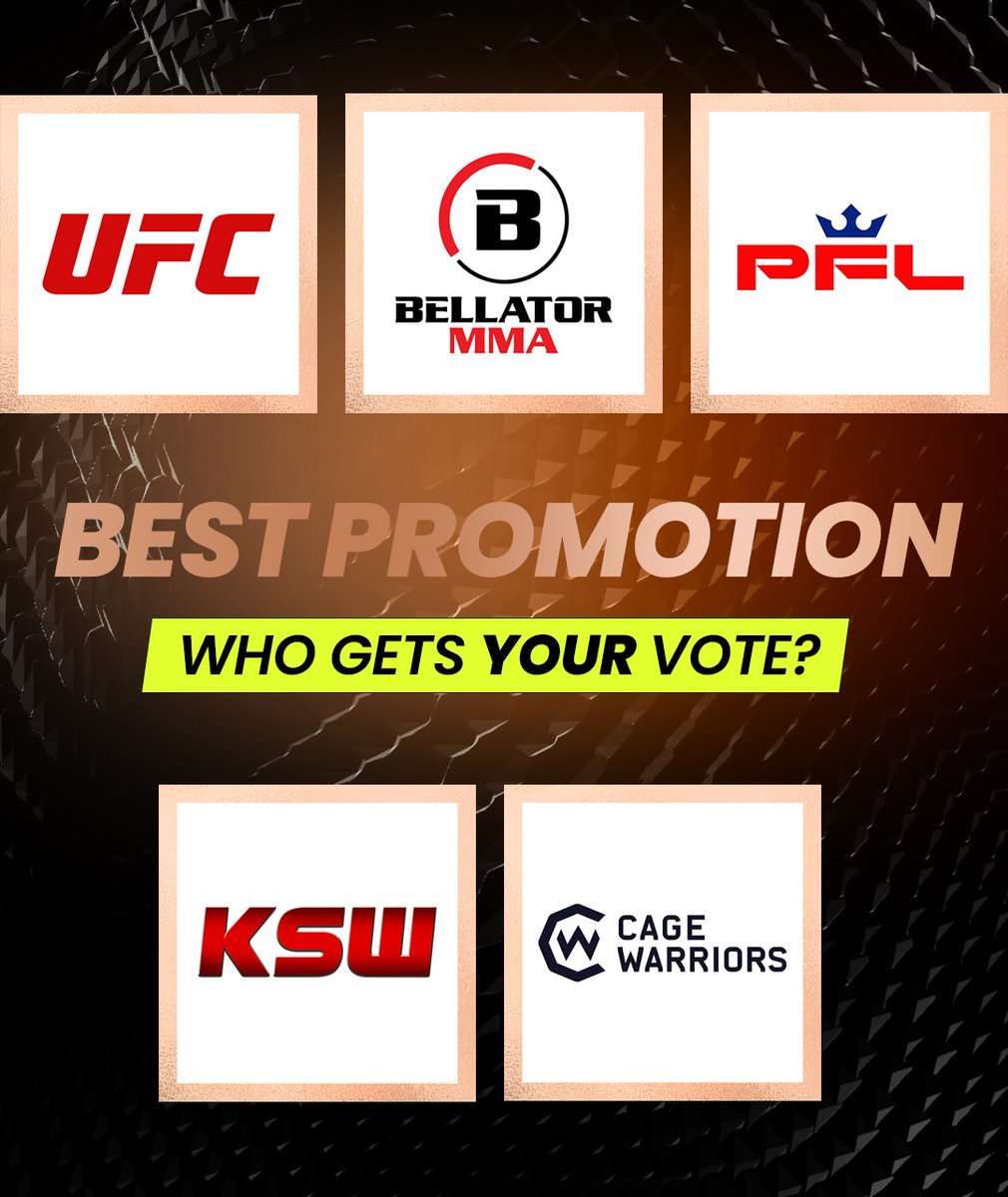 FightersOnly's tweet photo. Here are your nominees for Best Promotion, who gets your vote? 🏆️
1. @ufc
2. @BellatorMMA
3. @PFLmma
4. @KSW_MMA
5. @cagewarriors
Choose your winner now at https://t.co/fzxpxwAkrL
#FightersOnly #WorldMMAAwards #MMA #bestpromotion https://t.co/BVJWtAXKT9