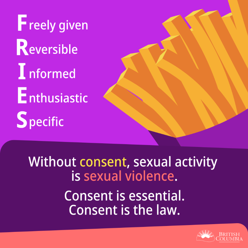 BCGovNews's tweet photo. It's #ConsentAwarenessDay in BC. It's important to remember that when it comes to consent, FRIES are not optional. Consent is freely given, reversible, informed, enthusiastic &amp; specific (FRIES) &amp; should be a part of every relationship, sexual or otherwise. https://t.co/cZN2PQoLKp