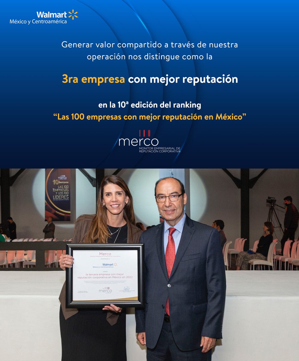 WalmartMXyCAM's tweet photo. Nos sentimos orgullosos de ser reconocidos por @mercoranking en la 3ra posición de “Las 100 empresas con mejor Reputación en México”. Distinción que refleja nuestra ambición por ser la cadena omnicanal más confiable del país y la región. #CompromisoWalmartMéxico #MercoRanking https://t.co/zeTfTn9yET
