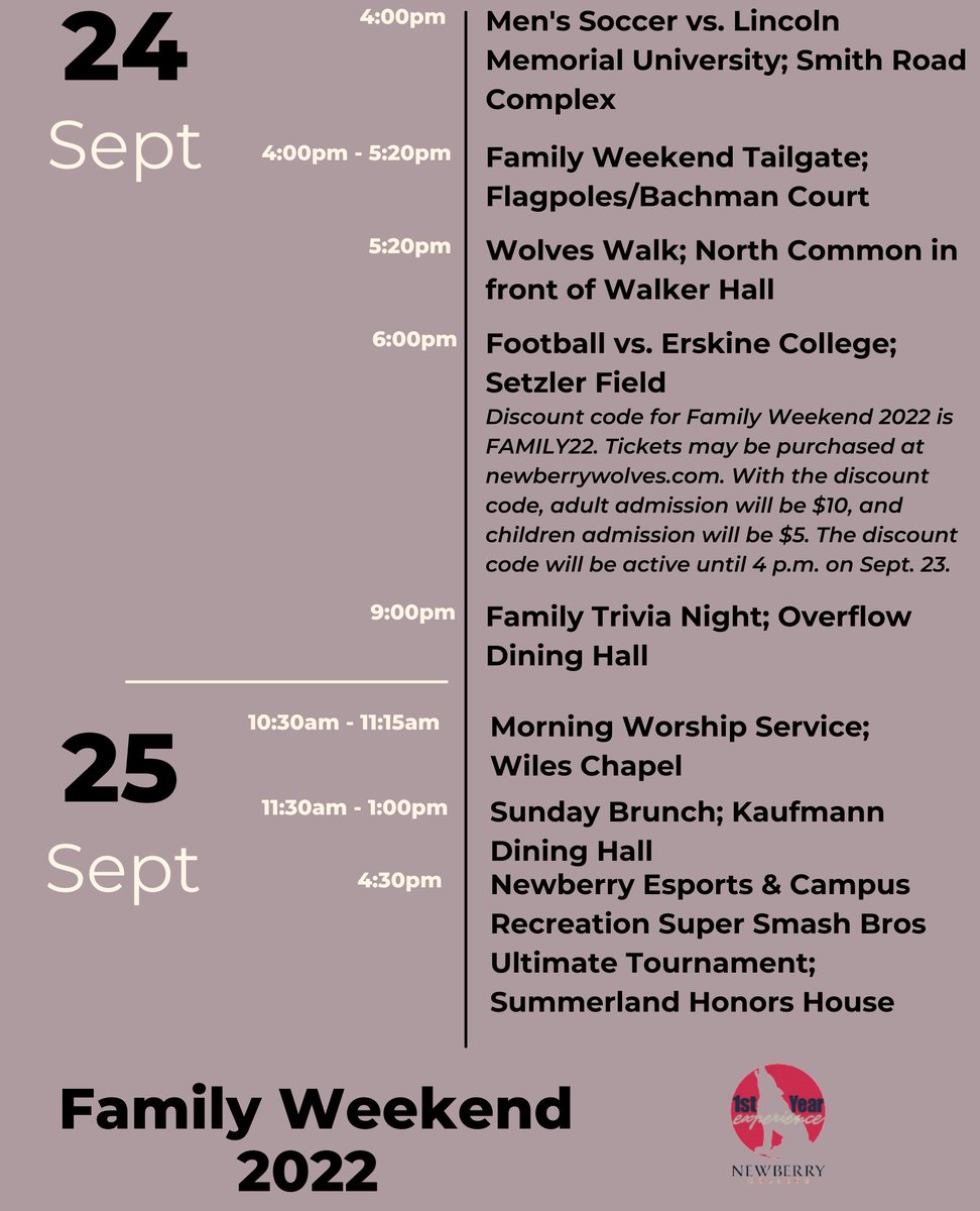 NCFirstYearExp's tweet photo. Family Weekend 2022 is just around the corner and we have so many great events happening this weekend. We love our families and want to make sure there is something for everyone! #wearewolfnation #lutheranyouthday #openhouse #football #soccer #foodfunandgames https://t.co/RObWyQEWzs