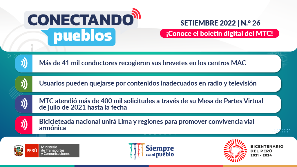 MTC_GobPeru's tweet photo. 📌Te invitamos a revisar nuestro 📰boletín informativo Conectando Pueblos. Conoce información sobre el sector, así como datos interesantes que estamos seguros te serán de gran utilidad.
Accede al boletín aquí: 👇👇👇
🔗https://t.co/m6AHezWbOp
#MTCtrabaja #ConectandoPueblos https://t.co/GayKn2gEYw