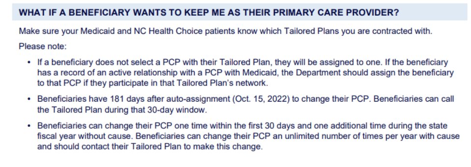 EmtiroHealth's tweet image. PCPs: Be sure your patients are aware that they will need to select a PCP with their Tailored Plan, as well as the following info about changing PCPs 

(Source: NC Medicaid Provider Playbook Fact Sheet)

#tailoredplan #behavioralhealth #medicaid