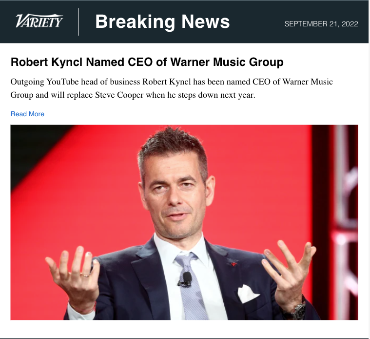 NewPaltzAlumni's tweet photo. We congratulate alum Robert Kyncl ’95 as takes over as CEO of Warner Music Group. Kyncl brings strong music-industry experience to the job and was a pioneering force in the streaming business. https://t.co/IXdo8s4QkO #suny #newpaltz #npalumni #npsocial https://t.co/IqEBfUDthb