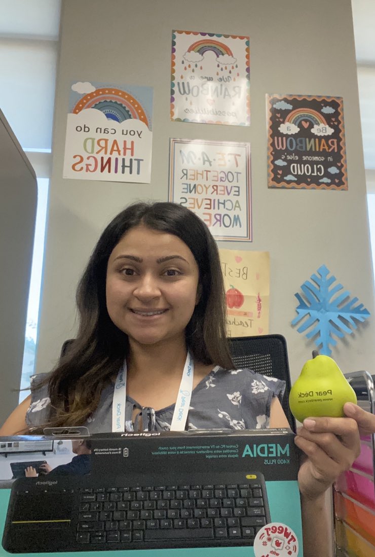 MrsKPirani's tweet photo. I had a surprise visit from @GCISDigital! Thank you for the wireless keyboard and a @PearDeck swag bag! I’m super excited to learn about PearDeck and implement it in my classroom! @canSTEM #BeCannonProud https://t.co/wNPpOt2TMN