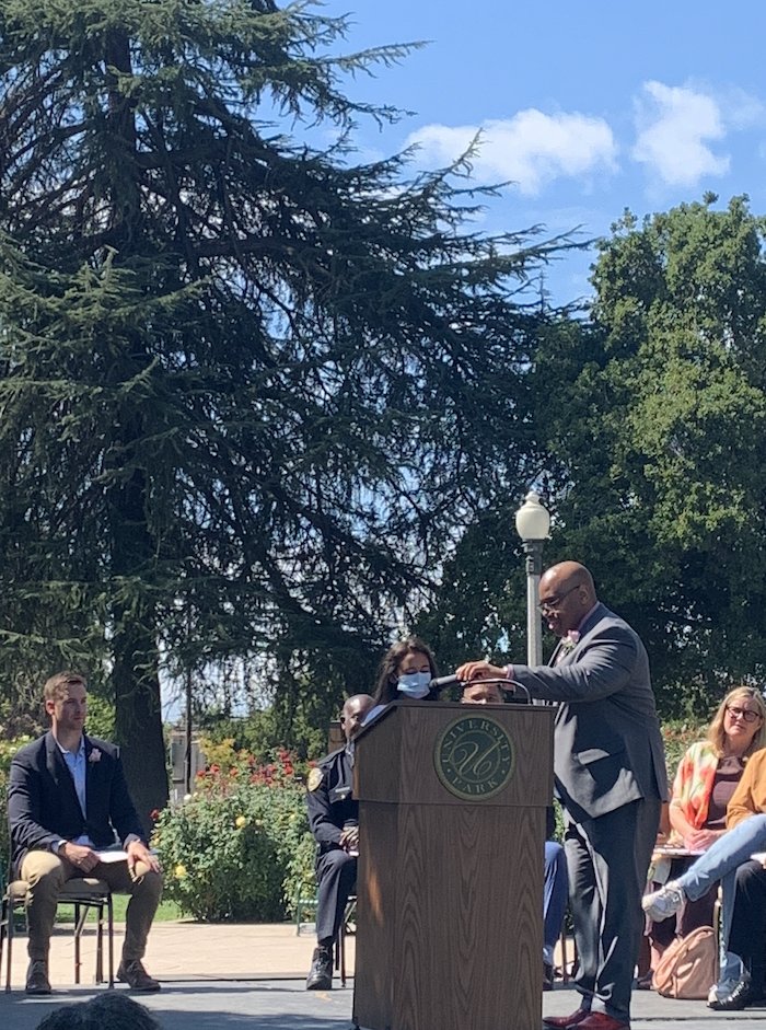 #StanState's Stockton Dean, Faimous Harrison and local student speakers share their messages of peace today with the Stockton community at the 6th Annual Inspirational Messages of Peace Celebration of Student Voices at the University Park World Peace Rose Garden. 🕊️☮️❤️💛
