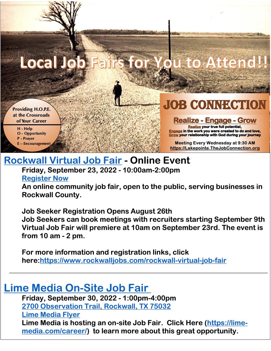 lpjobconnection's tweet photo. Rockwall Virtual Job Fair - Online Event
Friday, September 23, 2022 - 10:00am-2:00pm
Rockwall County Virtual Job Fair 
https://t.co/v9qWCHn08w
Lime Media On-Site Job Fair 
Friday, September 30, 2022 - 1:00pm-4:00pm
https://t.co/KbRT1E8Qmc) https://t.co/fZ4BocFQtl