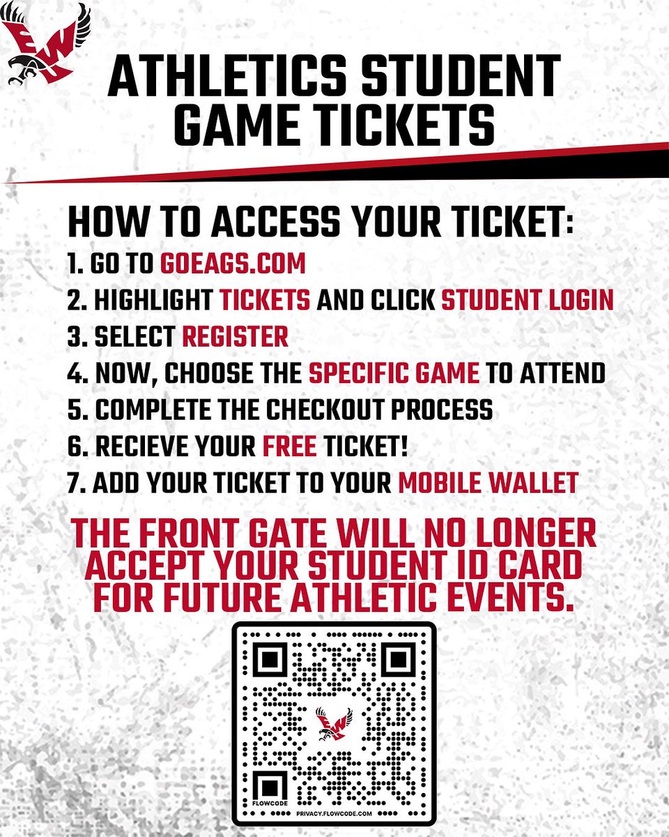 🎟 Athletics Student Tickets 🎟 

EWU students, we’ve gone mobile! Athletic games are still free, but you will need to access your ticket online for all football, men’s and women’s basketball games.

Scan the QR Code, follow steps and select your games. #GoEags