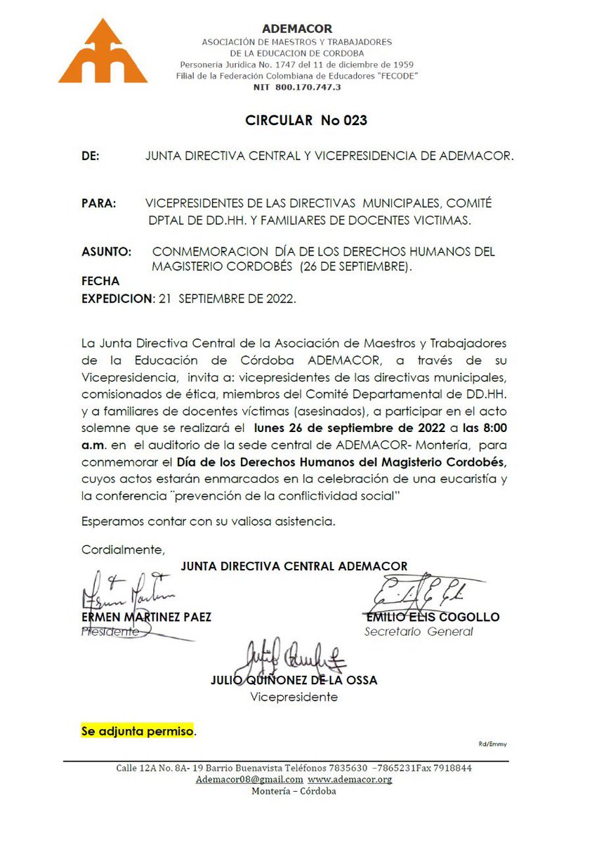 Ademacor's tweet photo. Vicepresidentes de las directivas municipales, miembros del Comité Departamental de Derechos Humanos y familiares de docentes víctimas de la violencia en Córdoba, están convocados a participar en la conmemoración del Día de los Derechos Humanos del Magisterio Cordobés. https://t.co/lNGDJnh5f8