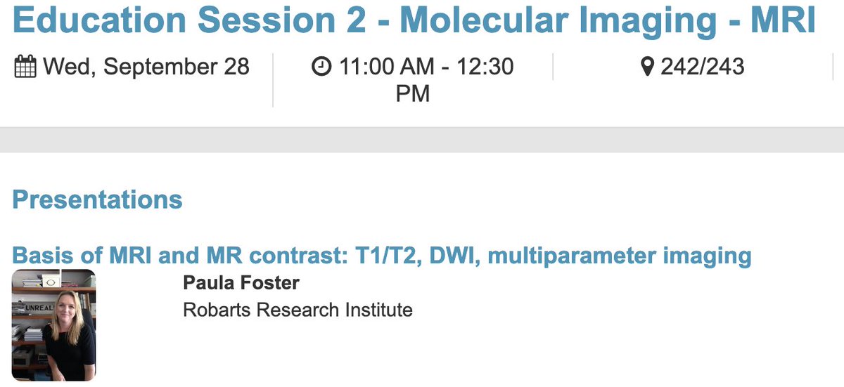 The Robarts Cellular and Molecular Imaging Group (@robartscmig) on Twitter photo With <a href="/WMISWMIC/">WMIS WMIC</a> 2022 only a week away, we'd like to start sharing some of the exciting sessions from the <a href="/RobartsCMIG/">The Robarts Cellular and Molecular Imaging Group</a> to look out for. First, mark your calendar for this educational session on Molecular Imaging with <a href="/PJ_Foster/">Dr Paula Foster</a> on Wednesday, September 28th at 11AM!
#WMIC2022 With <a href="/WMISWMIC/">WMIS WMIC</a> 2022 only a week away, we'd like to start sharing some of the exciting sessions from the <a href="/RobartsCMIG/">The Robarts Cellular and Molecular Imaging Group</a> to look out for. First, mark your calendar for this educational session on Molecular Imaging with <a href="/PJ_Foster/">Dr Paula Foster</a> on Wednesday, September 28th at 11AM!
#WMIC2022