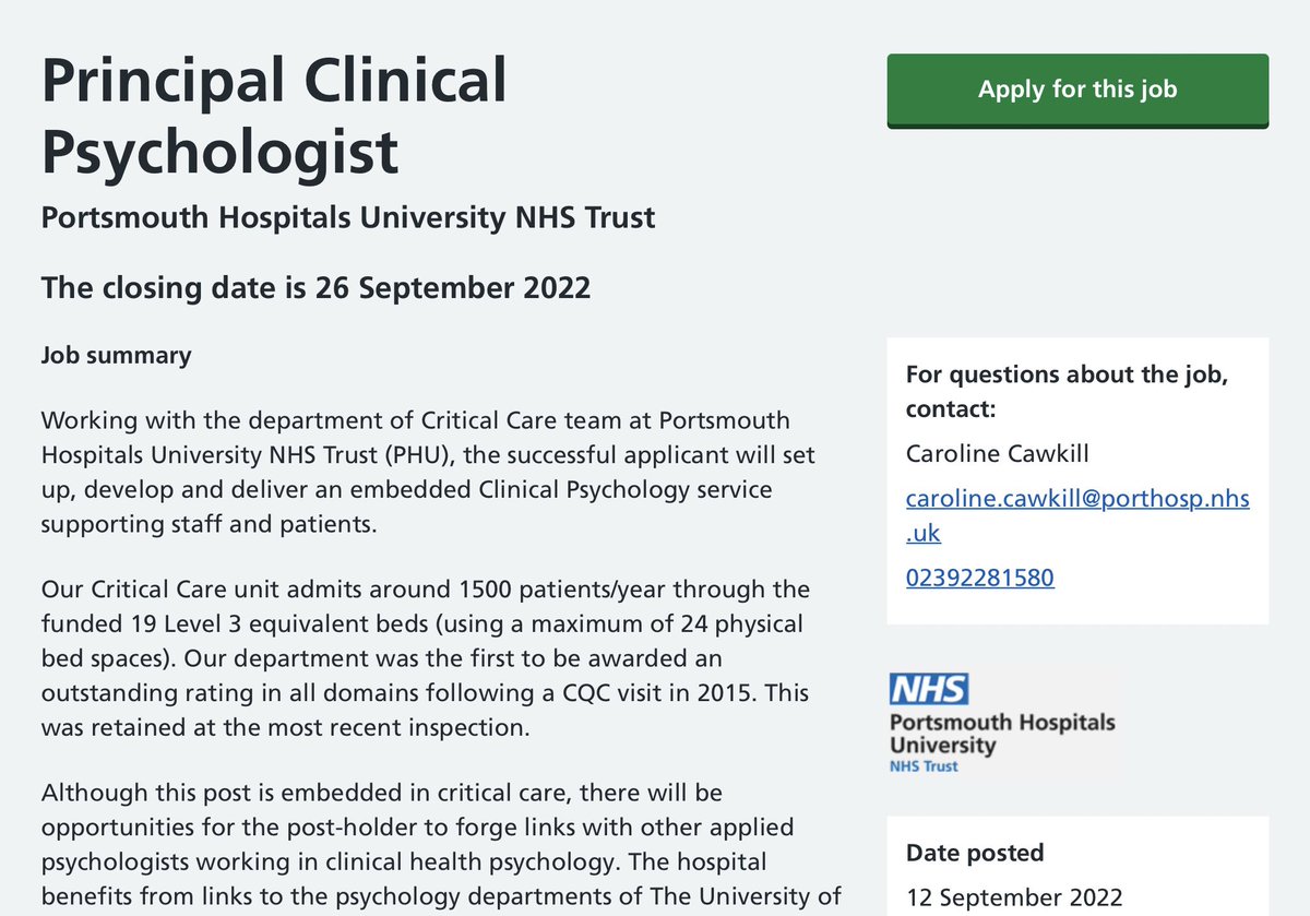 Portsmouth ICU (@icu_portsmouth) on Twitter photo Come and join our team! We are delighted to be advertising for our first ever clinical psychologist at <a href="/icu_portsmouth/">Portsmouth ICU</a> <a href="/PHU_NHS/">Portsmouth Hospitals University NHST</a>
Details 👇
beta.jobs.nhs.uk/candidate/joba… Come and join our team! We are delighted to be advertising for our first ever clinical psychologist at <a href="/icu_portsmouth/">Portsmouth ICU</a> <a href="/PHU_NHS/">Portsmouth Hospitals University NHST</a>
Details 👇
beta.jobs.nhs.uk/candidate/joba…