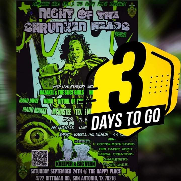 GDfvckinKreep's tweet photo. Texas is hot.
But me and b1g Vern are hotter.

3 short days til us and a host of #SHEGang affiliates throw down in the heart of the American Southwest! Night of The Shrunken Heads 2022
The Happy Place
San Antonio
Show up, get krunk, and yo motherfuckin' head shrunk bitch! https://t.co/zW9Ab1w8eE