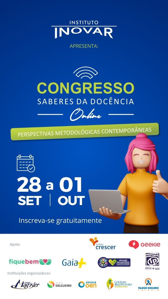 No dia 28/09, às 19h, nossa diretora Dra. Luciana Allan fará uma palestra on-line e gratuita sobre “As sete competências de quem ama inovar na educação”, no Congresso Saberes da Docência: Perspectivas Metodológicas Contemporâneas.
Inscrições em bit.ly/3BDa21I. Participe!