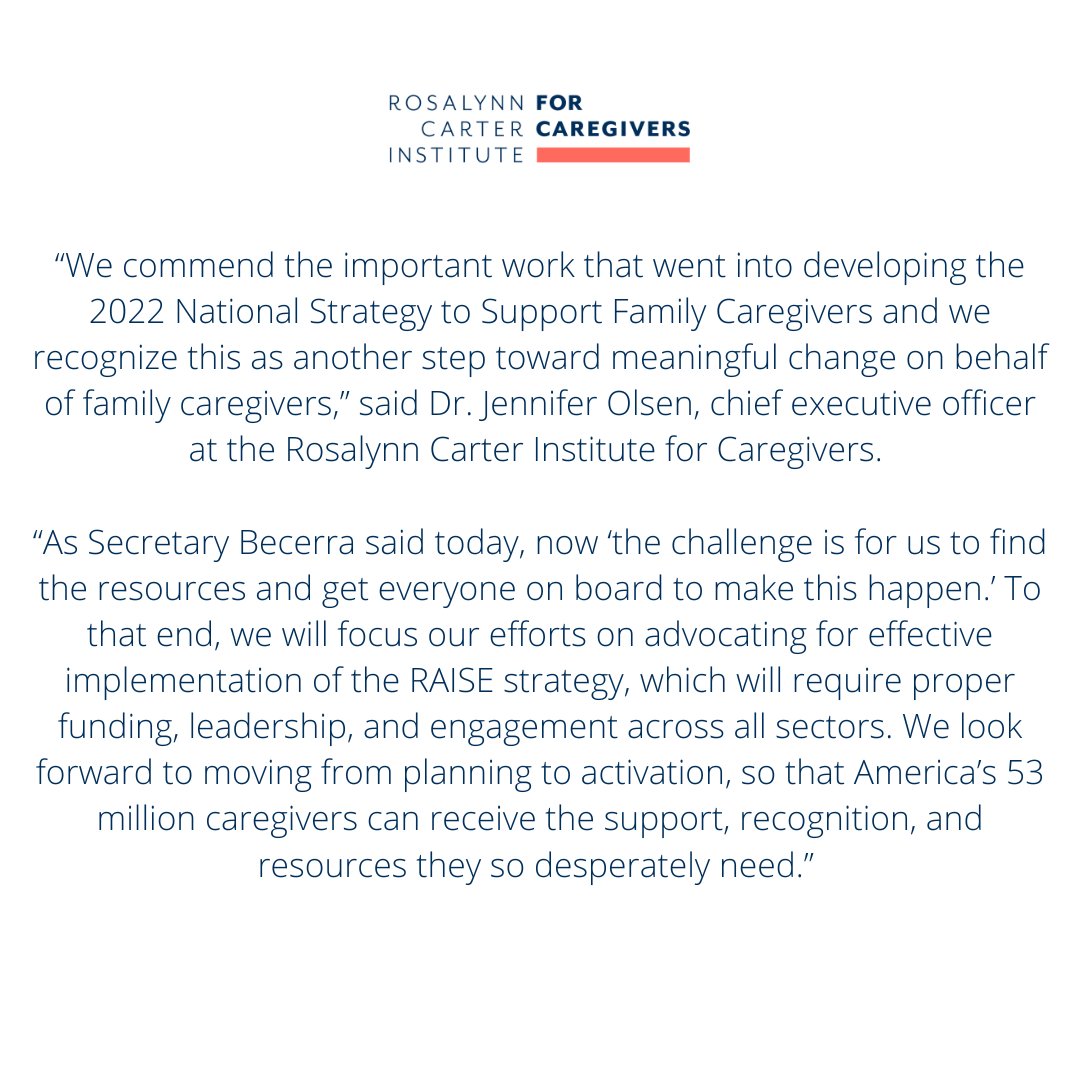 Statement from the Rosalynn Carter Institute for Caregivers on the release of the 2022 National Strategy to Support Family Caregivers.

To learn more about the RAISE strategy visit, acl.gov/CaregiverStrat…

#Caregivers #Caregiving