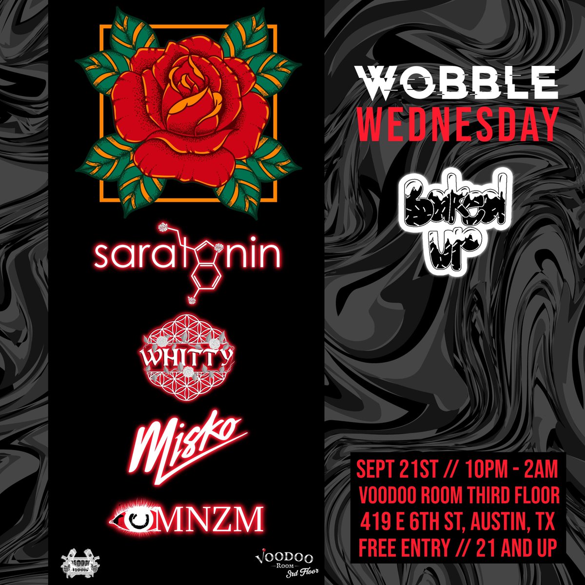 bakedupmgmt_'s tweet photo. Tonight!!! @saratonintunez will be headlining @bakedupco ’s Wobble Wednesday takeover 🥀🦂 

Entry is free, doors open at 10pm and she’s on 1-2AM 🎶 

See y’all at Voodoo Room Third Floor! https://t.co/BWllMIOKXP