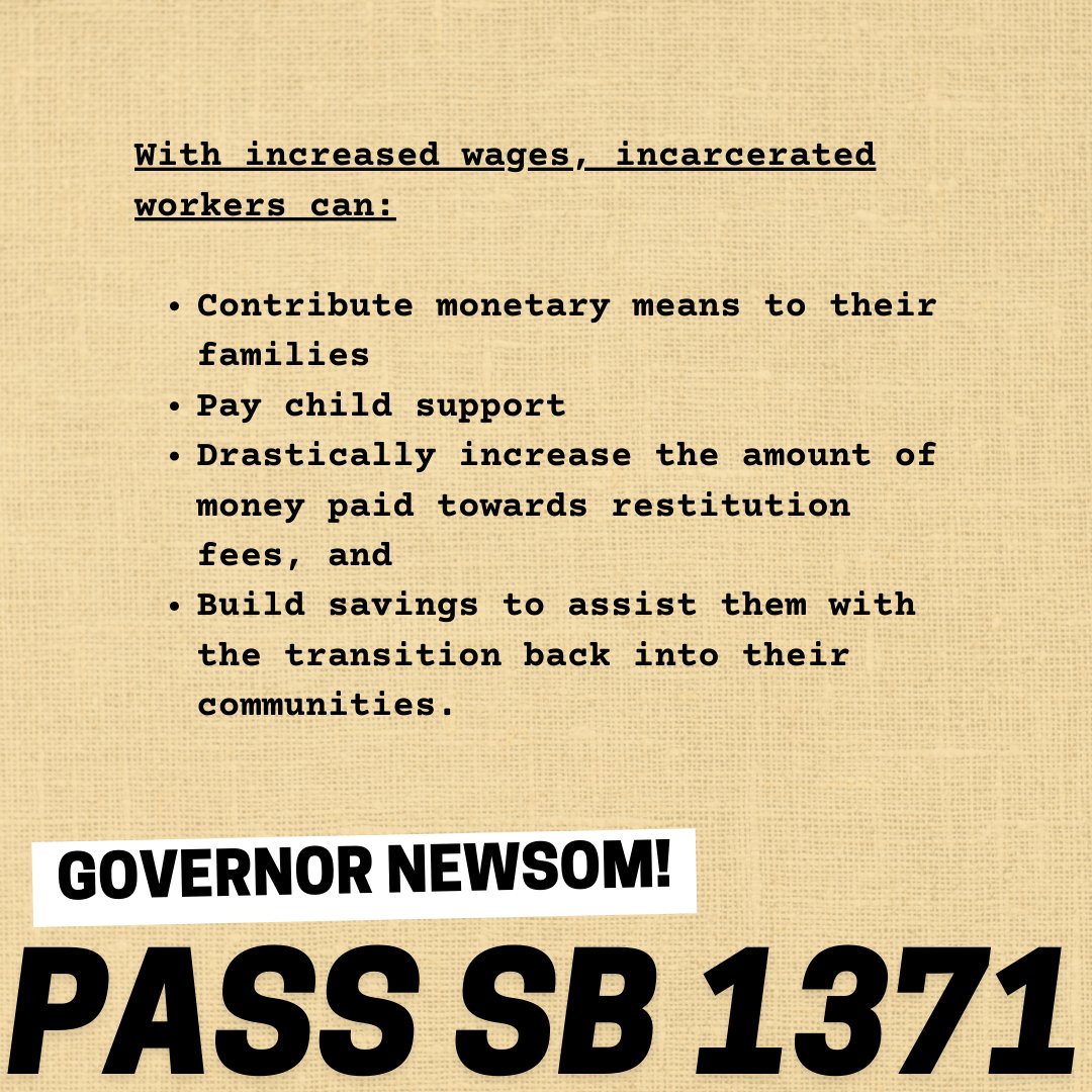 Mikael_Mendoza's tweet photo. When people in prison earn cents per/hour, it severely limits their ability to pay into the victim restitution fund and less likely to meet their own basic needs. @CAgovernor @GavinNewsom, sign #SB1371 which creates a path towards financial stability and public safety. https://t.co/RRnIGLug4q