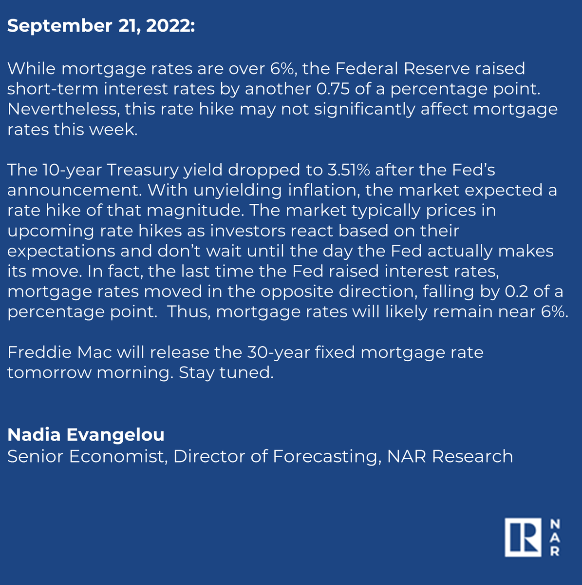 NAR_Research's tweet photo. “Mortgage rates will likely remain near 6%. Stay tuned.” https://t.co/pUkcRe116K