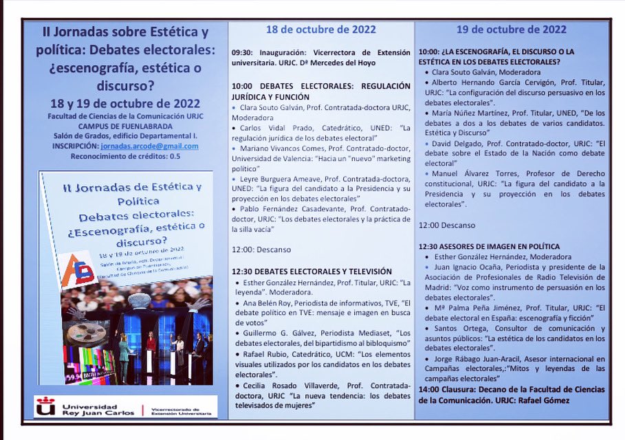 arcode_urjc's tweet photo. Ya están aquí la II jornadas sobre estética y política. Este año en la @fccom_urjc, en el campus de #Fuenlabrada de la @urjc sobre #debates electorales y #visualcomunication
Save the date:18 y 19 de octubre!! Os esperamos… https://t.co/diNyDXy43A