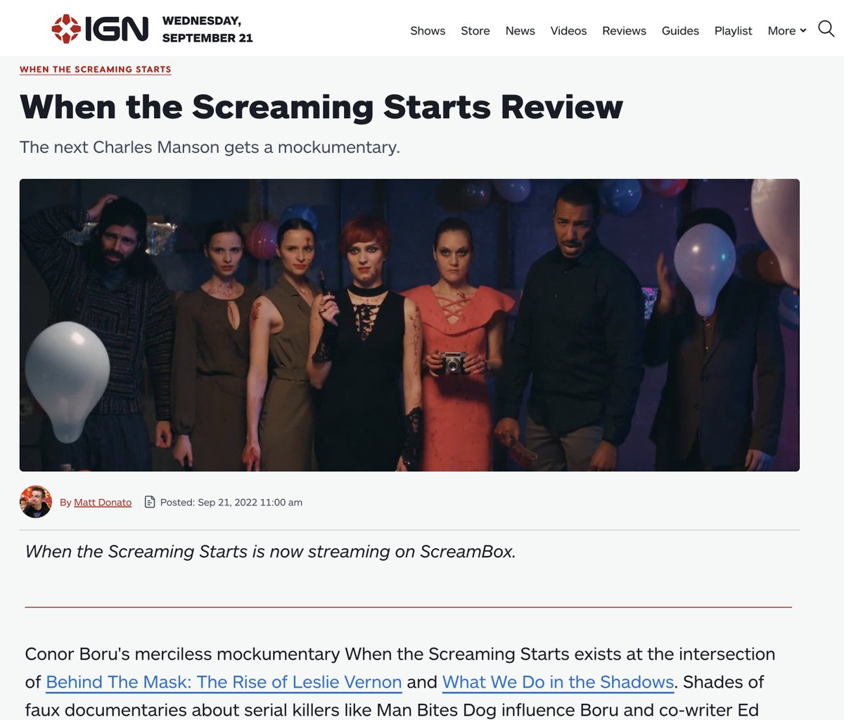 "..one of the year's surprise horror favorites.." <a href="/IGN/">IGN</a> gives <a href="/WhenScreaming/">When the Screaming Starts</a> 8/10 ".. a clever, cleaver-waving mockumentary that deals in the price of infinite recognition paid in flesh" 👏👏#whenthescreamingstarts #mockumentary #HorrorMovies #horrorfilms #horrorcomedy #horror