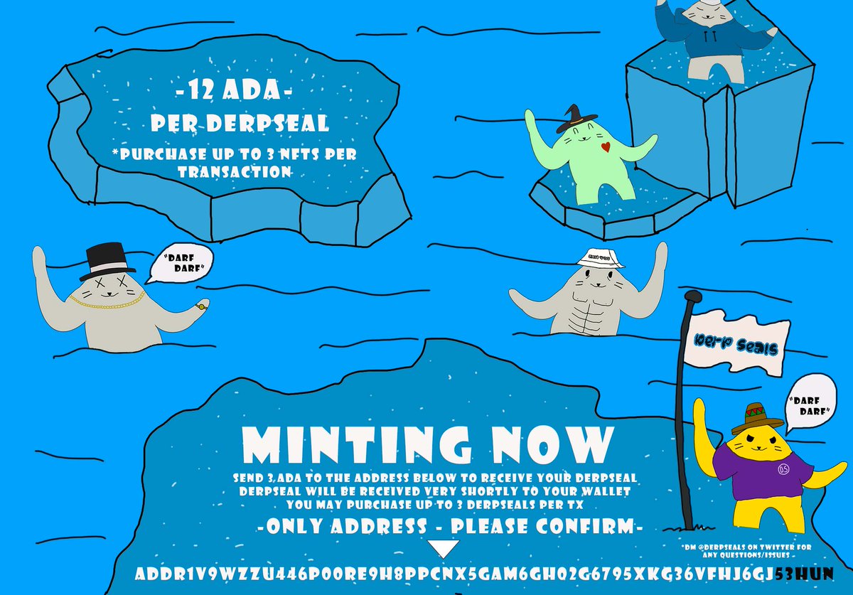 DerpSeals's tweet photo. Darf Darf, Mint is live! Send exactly 12 ADA to the address below and you will receive your DerpSeal. You may purchase up to 3 in one tx. Only 555 DerpSeals are in existence! Lets get Sealy🦭 #darfdarf

Pay in Address: 
addr1v9wzzu446p00re9h8ppcnx5gam6gh02g6795xkg36vfhj6gj53hun https://t.co/lw69H4SSw3