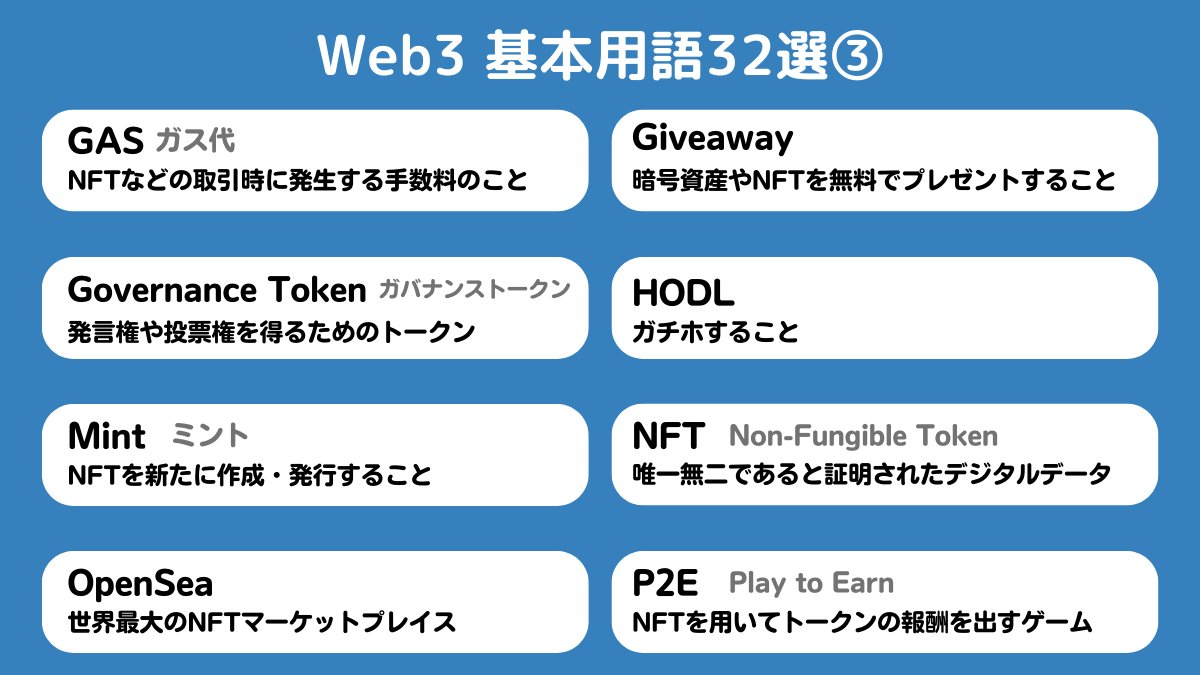 yosuke_crypto's tweet photo. Web３基礎用語32選をまとめました！
これだけ知ればもう大丈夫👍
Web3の世界に飛び込んでみよう😆 https://t.co/Q4G3tOCzyg