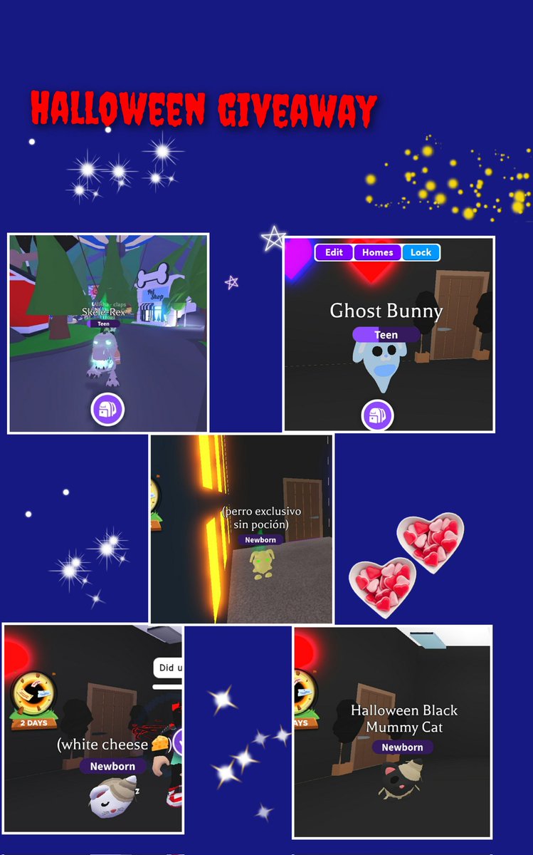 Halloween giveaway 🎃👻 ✨

*5 winners*

Skele rex (FR) 💀☠ 
Ghost bunny 👻🔪 
Halloween skele dog 🐾💀 
White mummy cat 🤍 🐈 
Black mummy cat 🖤♥

Rules
Follow <a href="/LuvqAlisha/">Alishaaa 🦤 🐬 🧊 🐼</a> <a href="/LuvqBillu_Xox/">This cat's got swag 😎 👌</a> 
Like and rt
Comment done and tag friends