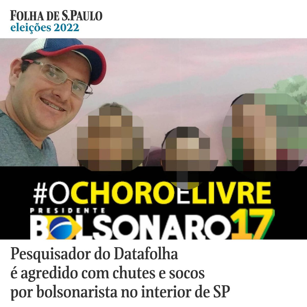 folha's tweet photo. Um pesquisador do Datafolha foi agredido na tarde desta terça (20) com chutes e socos por um bolsonarista em Ariranha (a 378 km de São Paulo), em uma escalada de hostilidade contra profissionais do instituto em meio ao processo eleitoral. Leia em: https://t.co/0WofYTXXop https://t.co/nN6uoMMC4K