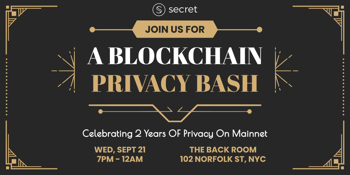 SecretNetwork's tweet photo. The #SCRTBash is going down in two hours!

It’s our two year anniversary of Secret Contracts, and we’re celebrating along with @Shade_Protocol. It’s not too late to reserve your spot, and we want to see you there.

Register for FREE ➡️ https://t.co/DCGkmajUKM

$SCRT #MainnetSCRT https://t.co/GN2vNZ1f7y