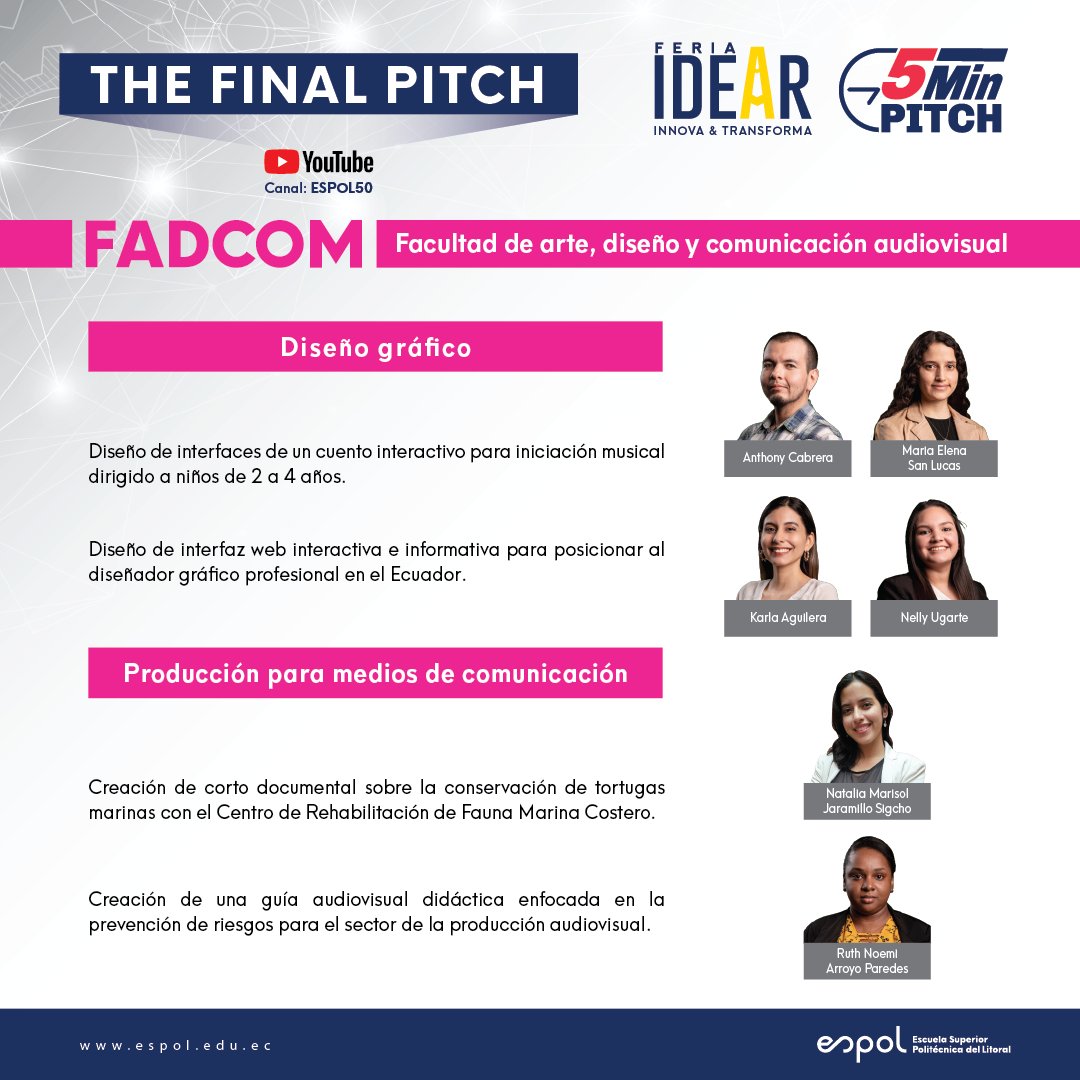 FadcomEspol's tweet photo. Conoce a nuestros finalistas y sus proyectos integradores.
Los esperamos en la #FeriaIdear este jueves 22 de septiembre por el canal de #YouTube ESPOL50
Acompáñanos para conocer el proyecto ganador de la competencia #5MinPitch de #FADCOM
¡Los esperamos! https://t.co/z23591wccR