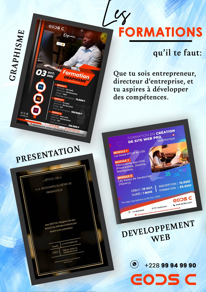 eodscom's tweet photo. Inscrivez-vous a cette vague de  formation spéciale et tenez les codes du graphisme ,du web design et/ou du métier de présentateur.
Obtenez la plus complète des formations auprès d'une equipe qualifiée.

Plus d'infos sur les inscriptions via 👇🏾 https://t.co/nSHCMIbPqw https://t.co/4naDRmR9Wm