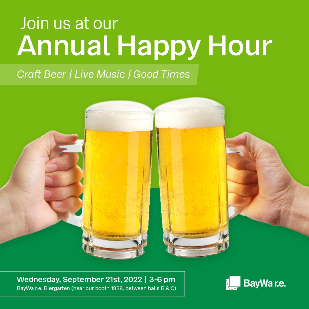 BWRESolarUS's tweet photo. It's been another fantastic day learning about #cleanenergy at #replus22, but now it's time to relax, grab a drink, and chat with #solarpros.
Join us for Happy Hour with free drinks ๐ปand music๐ถ in the Biergarten!
#solarinstaller #solarenergy #solartradeshow #solarnetworking https://t.co/S6Qs6zhCpx