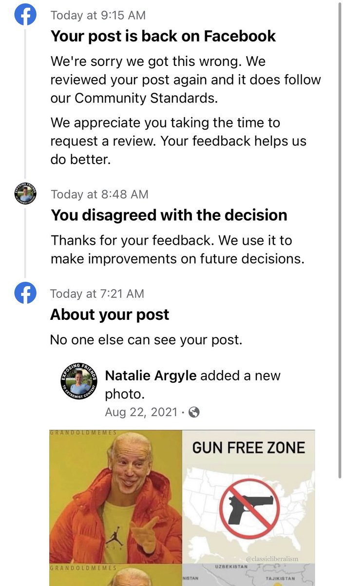 NameThatPattern's tweet photo. 🤣🤣 @facebook just censored a @grandoldmemes image I posted more than a year ago for “violating community standards.” I challenged the decision, they reversed the ruling. The left can’t meme so they’re attacking ours. #UkraineRussiaWar #freeguns #gunfreezone https://t.co/XXFSBuDixQ