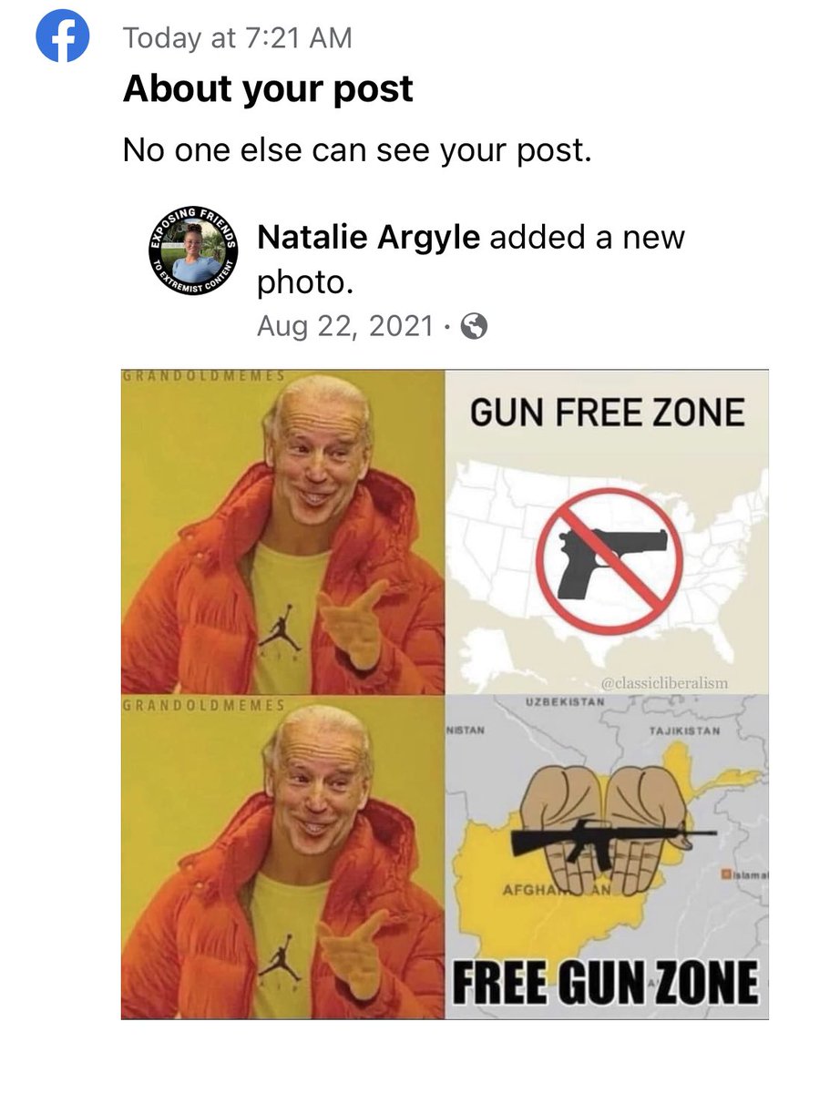 NameThatPattern's tweet photo. 🤣🤣 @facebook just censored a @grandoldmemes image I posted more than a year ago for “violating community standards.” I challenged the decision, they reversed the ruling. The left can’t meme so they’re attacking ours. #UkraineRussiaWar #freeguns #gunfreezone https://t.co/XXFSBuDixQ