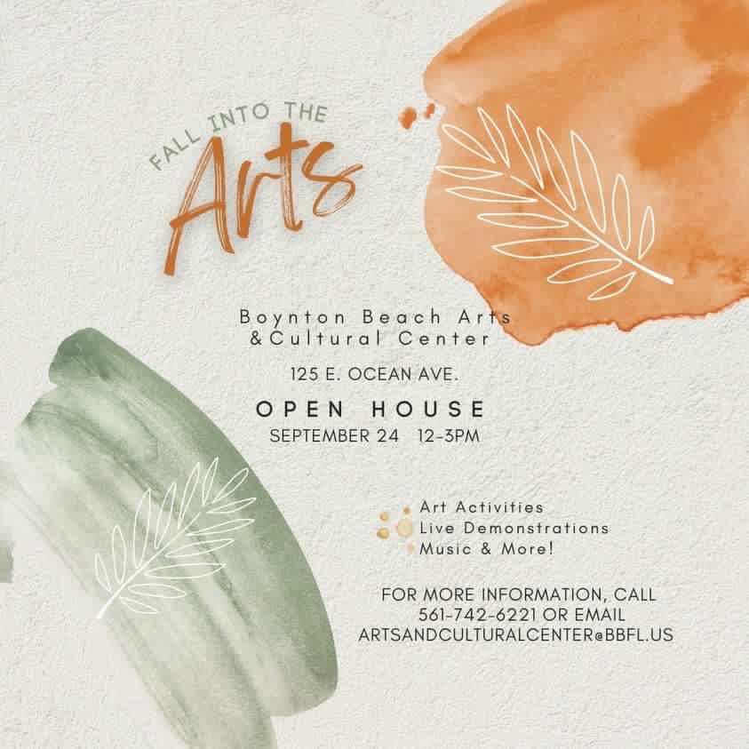 boyntonbeachrec's tweet photo. This Saturday, the Arts and Cultural Center will host Fall Into the Arts, an Open House event. All are invited to learn about the many events and programs the Center offers. The event is FREE and open to the public. We hope to see you there!
#FallIntoTheArts
#WeMakeLifeFun https://t.co/Gp6Vg8tZAV